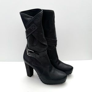 Vera Wang Lavender Sloan Tall Moto Strappy Belted Black Leather Heeled Boots